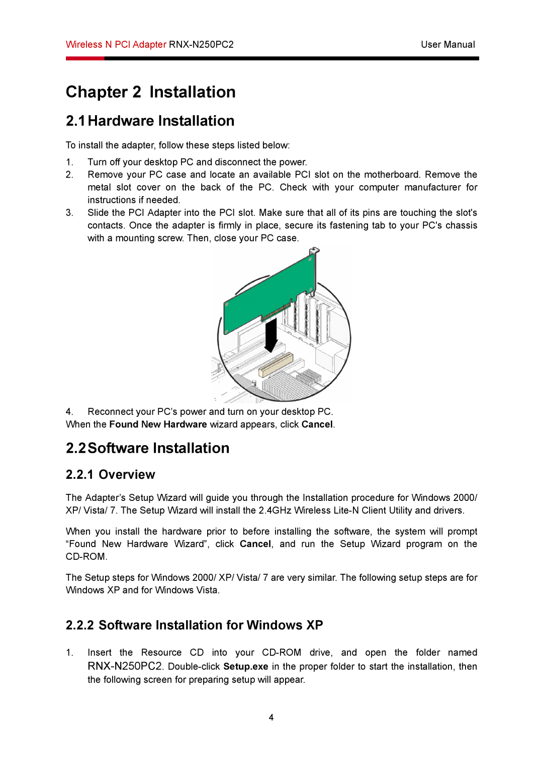 Rosewill RNX-N250PC2 1Hardware Installation, 2Software Installation, Overview, Software Installation for Windows XP 