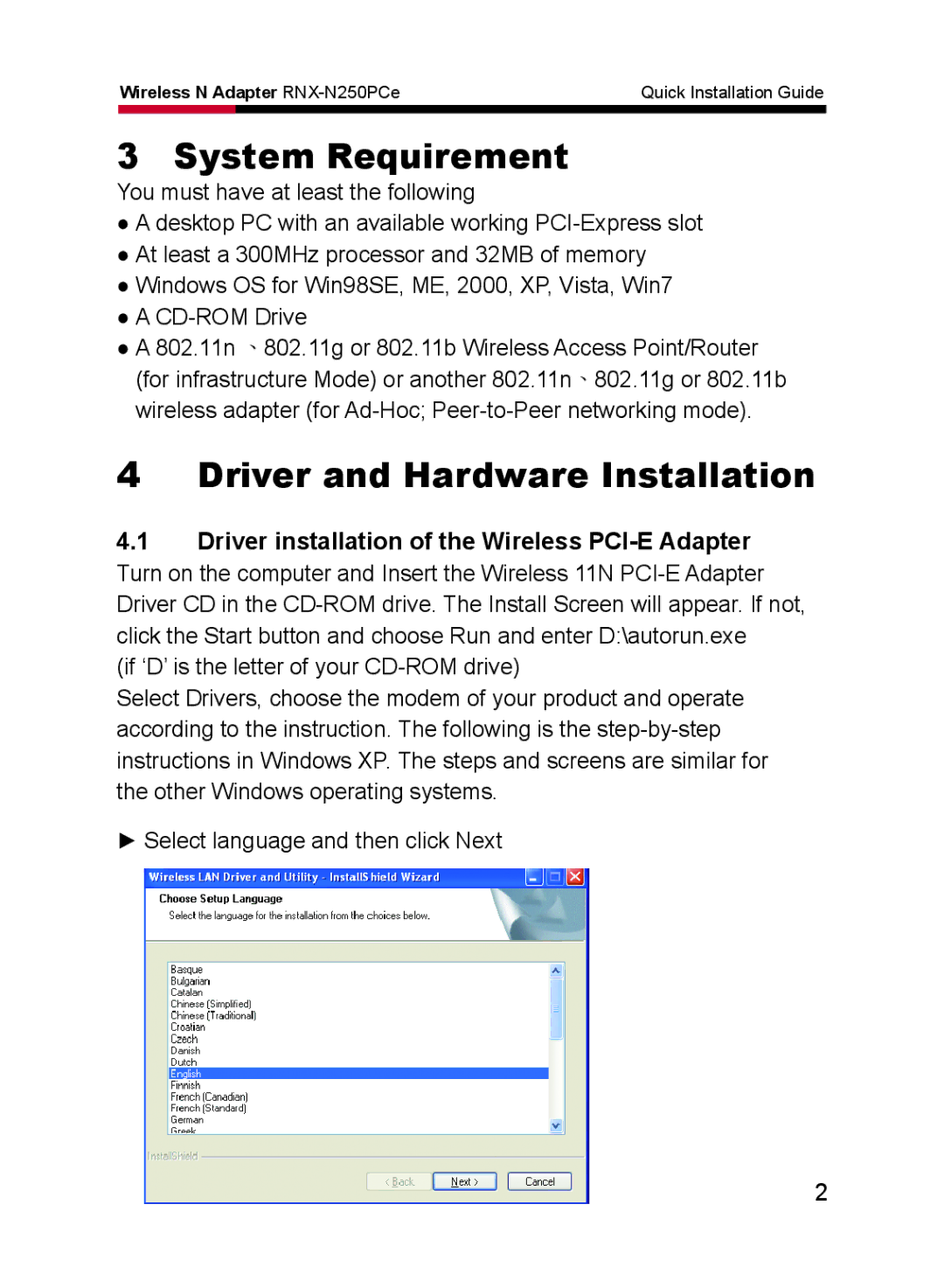 Rosewill RNX-N250PCe manual System Requirement, Driver and Hardware Installation 