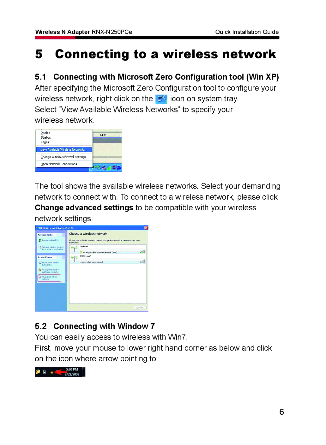 Rosewill RNX-N250PCe manual Connecting to a wireless network, Connecting with Window 