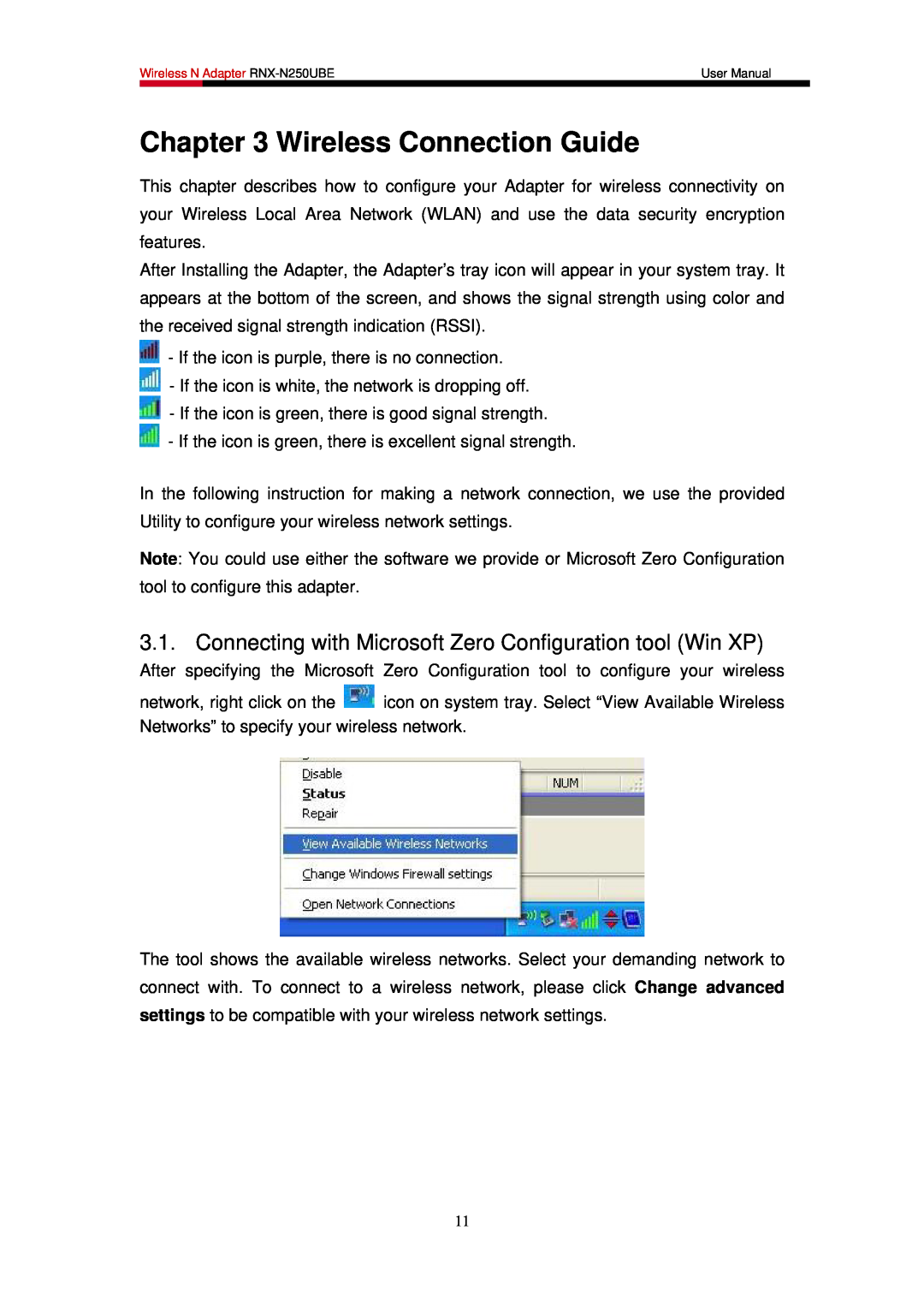 Rosewill RNX-N250UBE user manual Wireless Connection Guide, Connecting with Microsoft Zero Configuration tool Win XP 