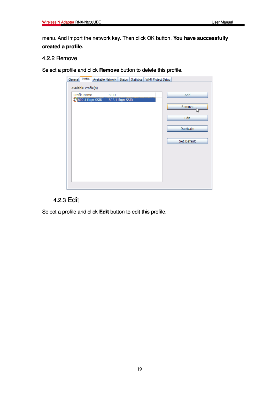 Rosewill user manual Edit, created a profile, Wireless N Adapter RNX-N250UBE 