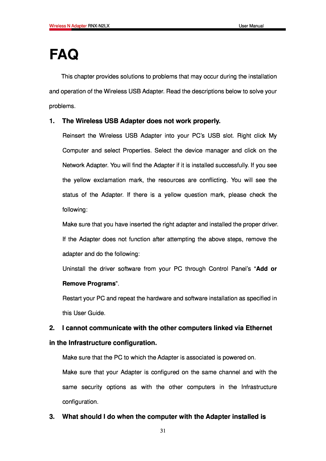 Rosewill RNX-N2LX user manual The Wireless USB Adapter does not work properly 