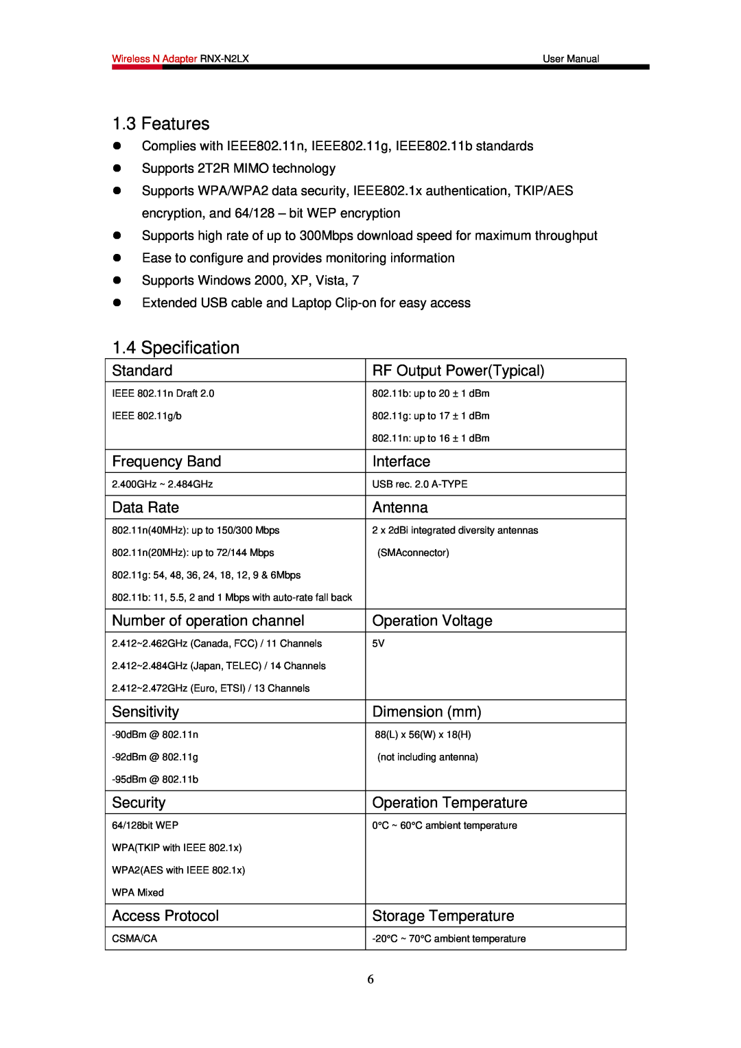 Rosewill RNX-N2LX user manual Features, Specification 
