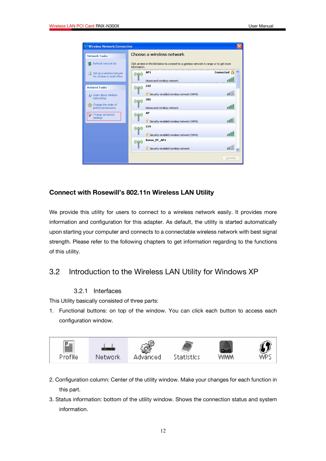 Rosewill RNX-N300X user manual Introduction to the Wireless LAN Utility for Windows XP, Interfaces 