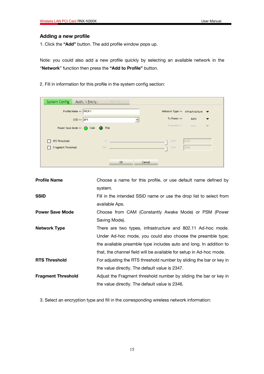 Rosewill RNX-N300X user manual Profile Name, Ssid, Power Save Mode, RTS Threshold, Fragment Threshold 