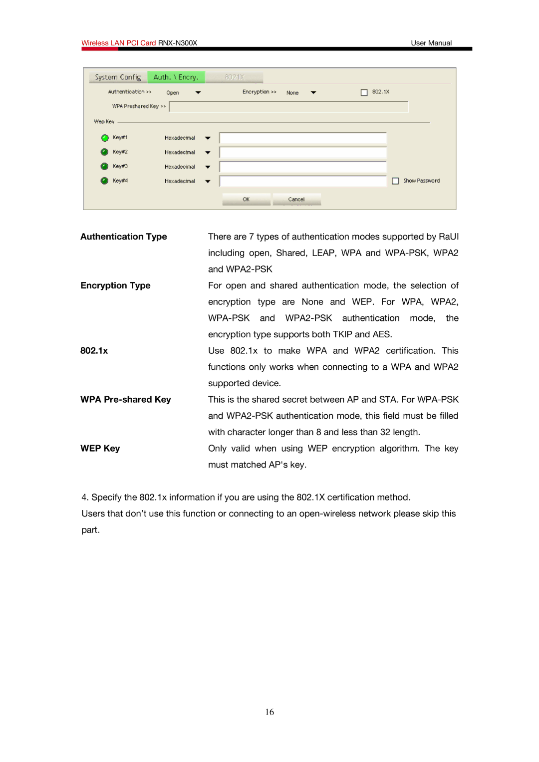 Rosewill RNX-N300X user manual Authentication Type, Encryption Type, 802.1x, WPA Pre-shared Key, WEP Key 