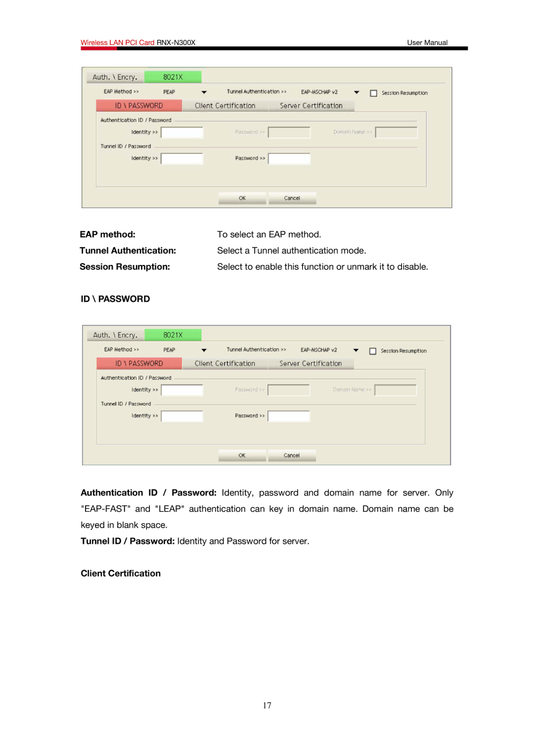 Rosewill RNX-N300X user manual ID \ Password, Client Certification 