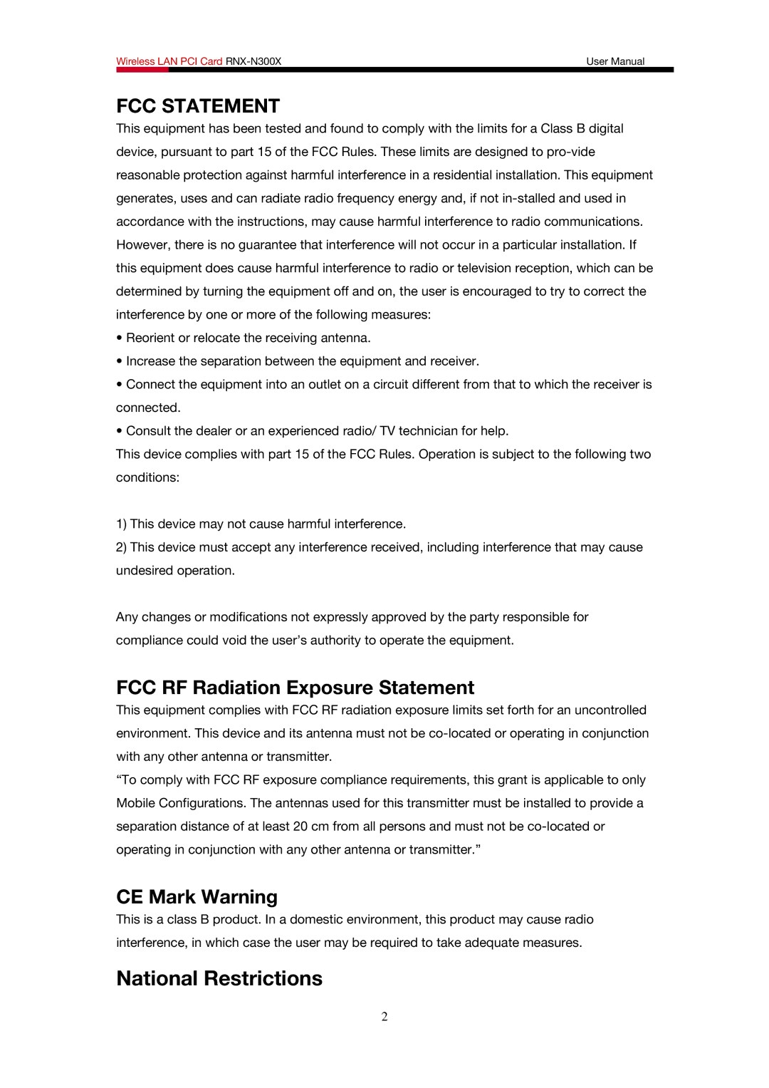 Rosewill RNX-N300X user manual National Restrictions 