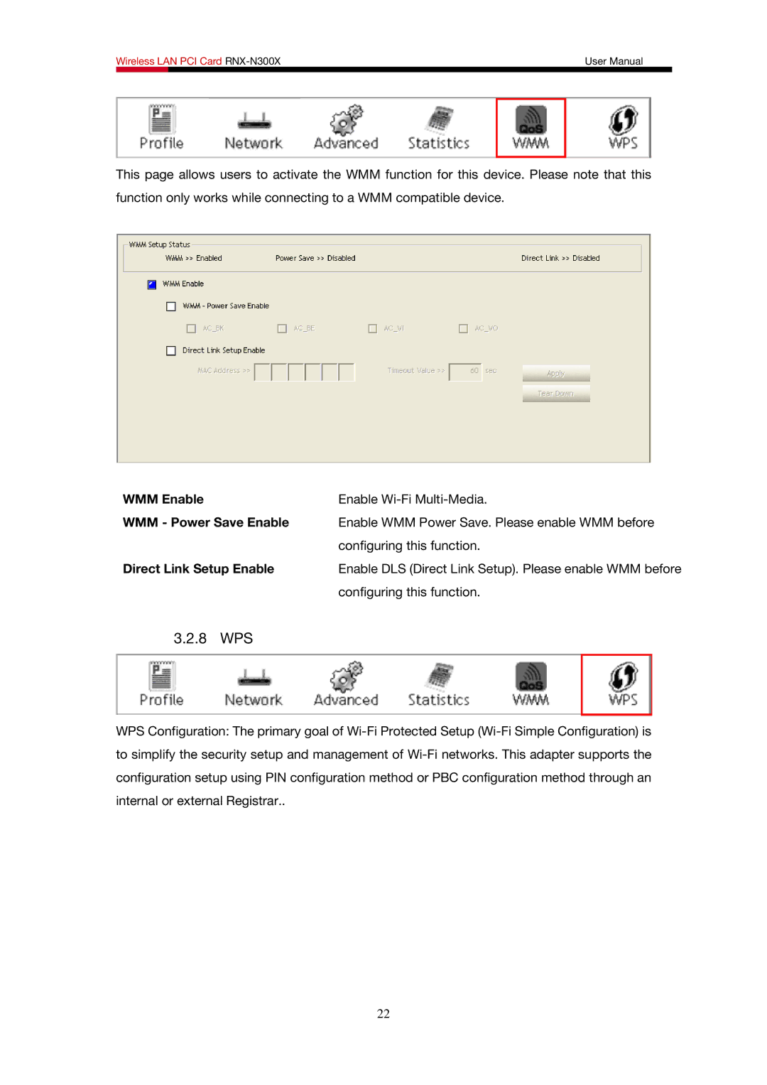 Rosewill RNX-N300X user manual 8 WPS, WMM Enable, WMM Power Save Enable, Direct Link Setup Enable 