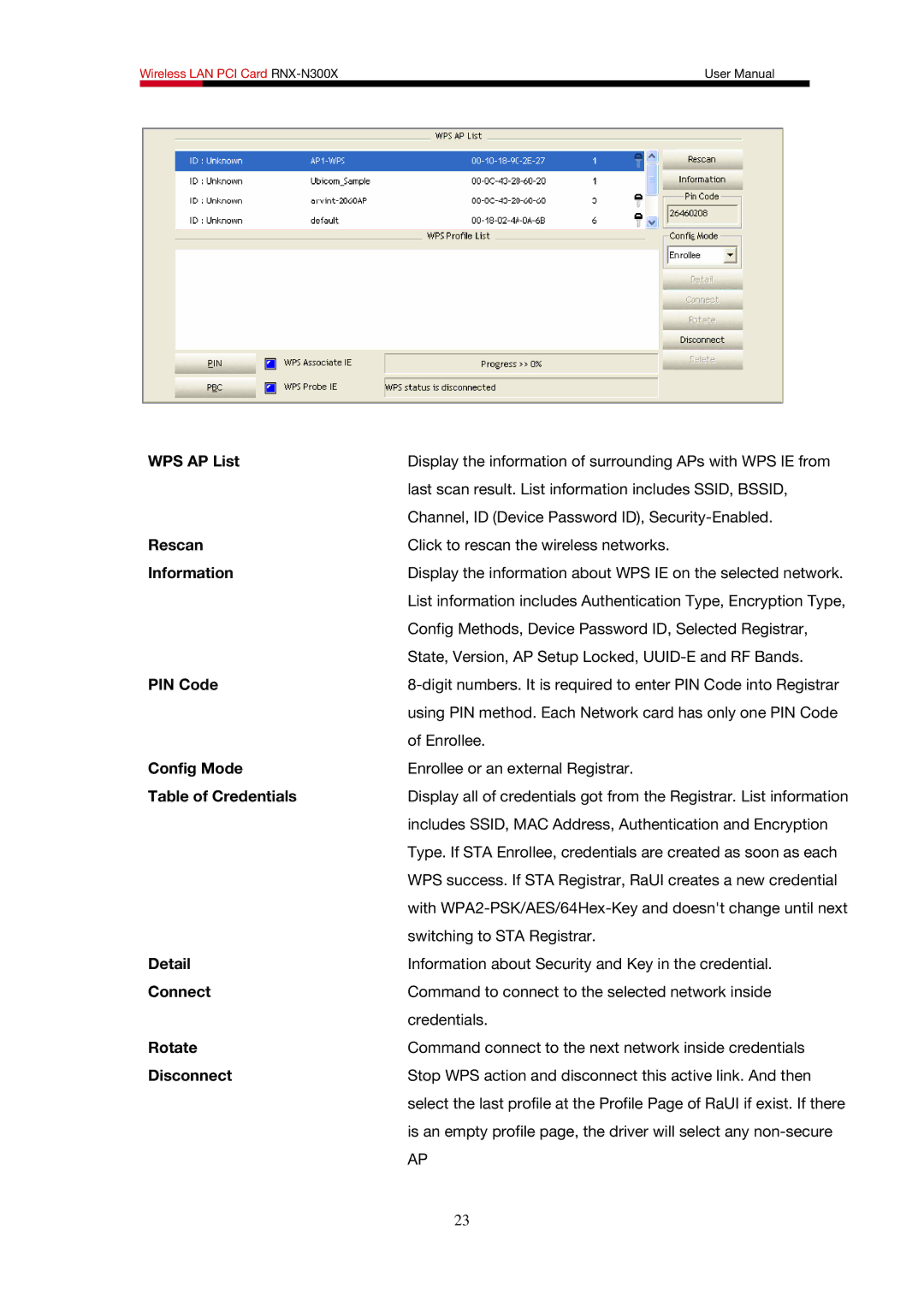 Rosewill RNX-N300X WPS AP List, Information, PIN Code, Config Mode, Table of Credentials, Detail, Rotate, Disconnect 