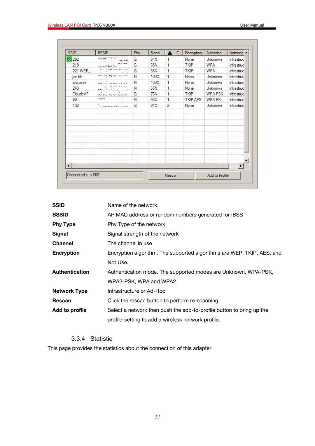 Rosewill RNX-N300X user manual Statistic, Bssid, Phy Type, Signal 