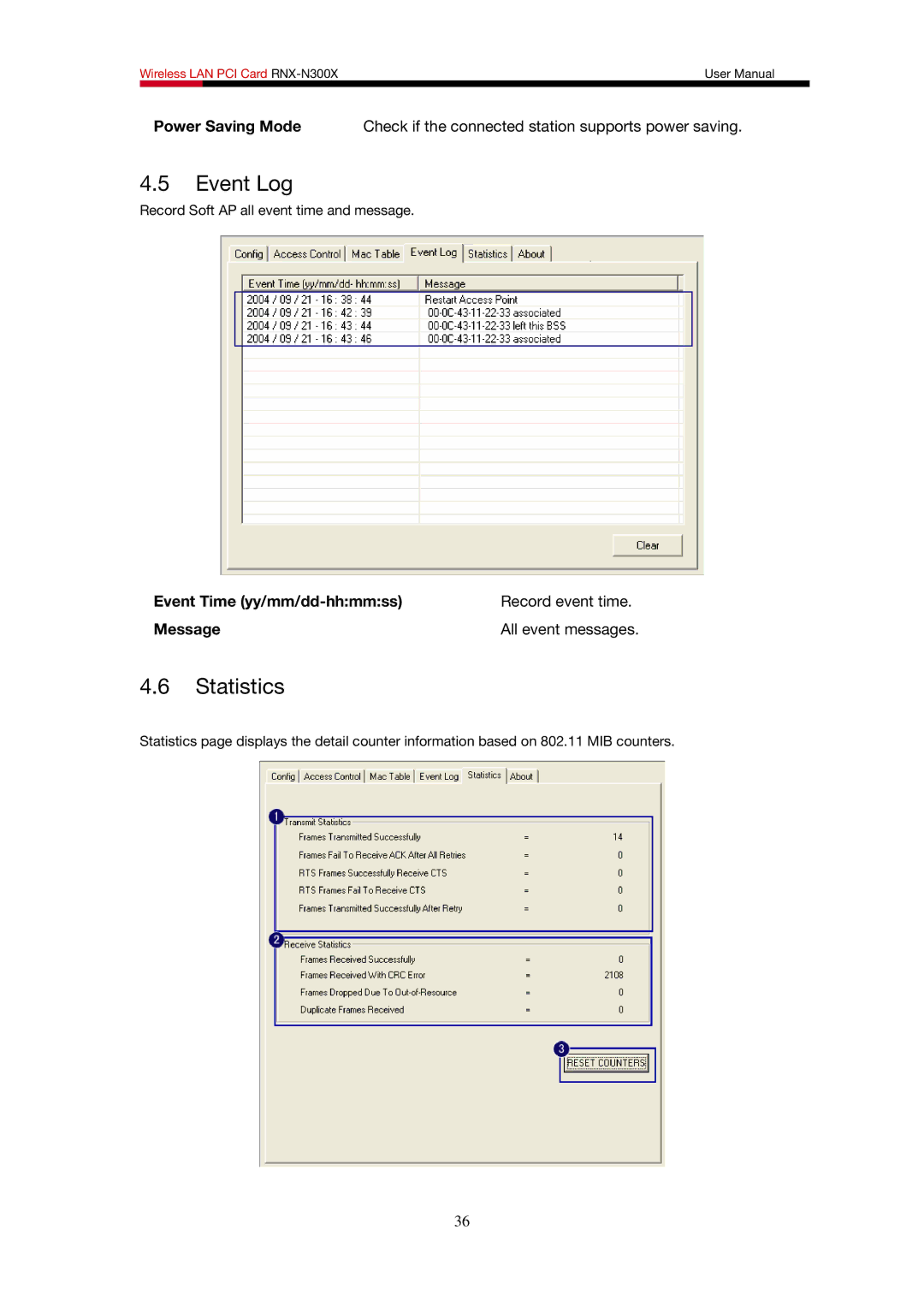 Rosewill RNX-N300X user manual Event Log, Statistics 