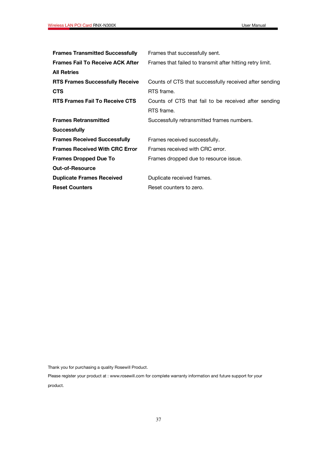 Rosewill RNX-N300X user manual Cts, RTS frame 