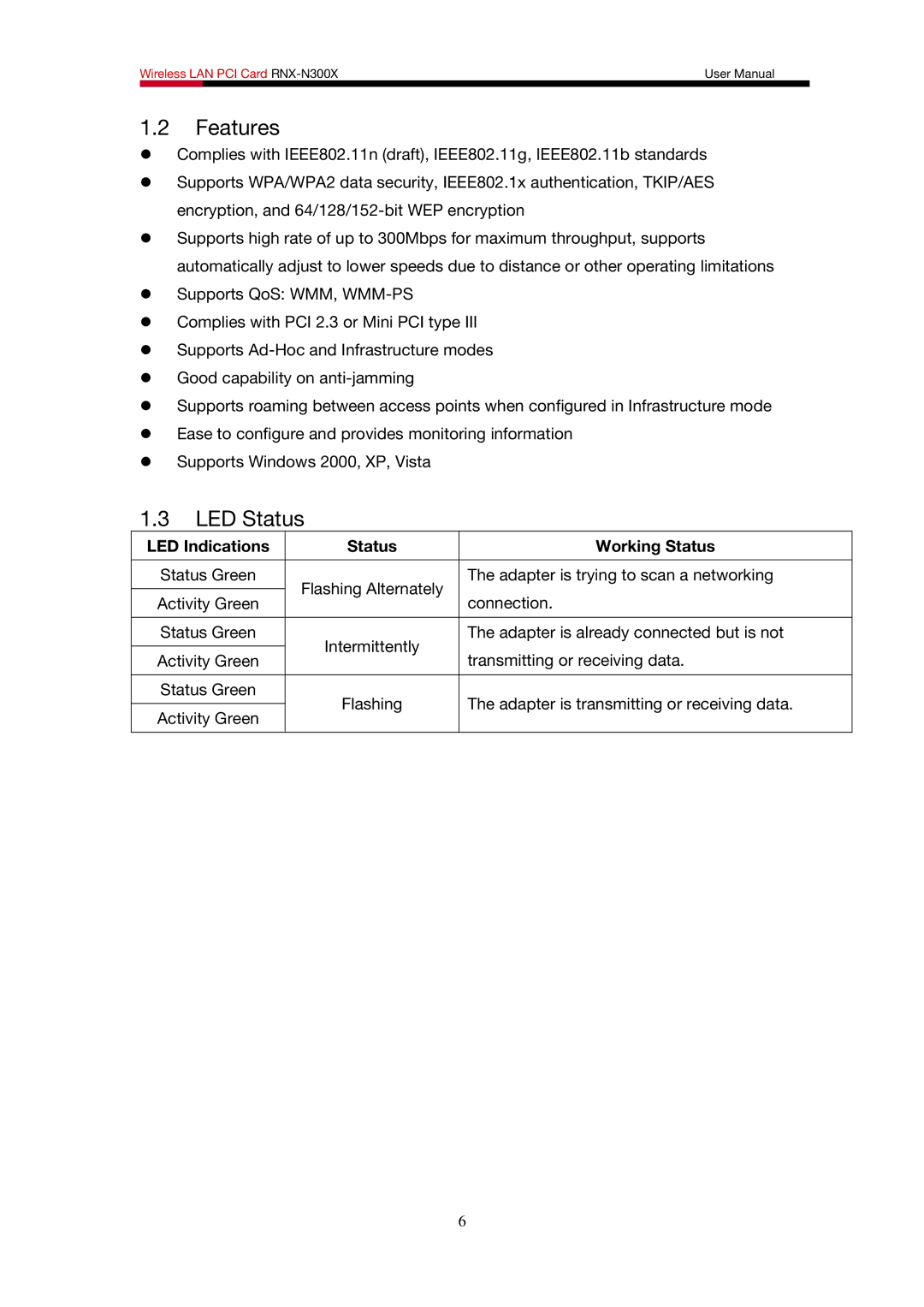 Rosewill RNX-N300X user manual Features, LED Status 