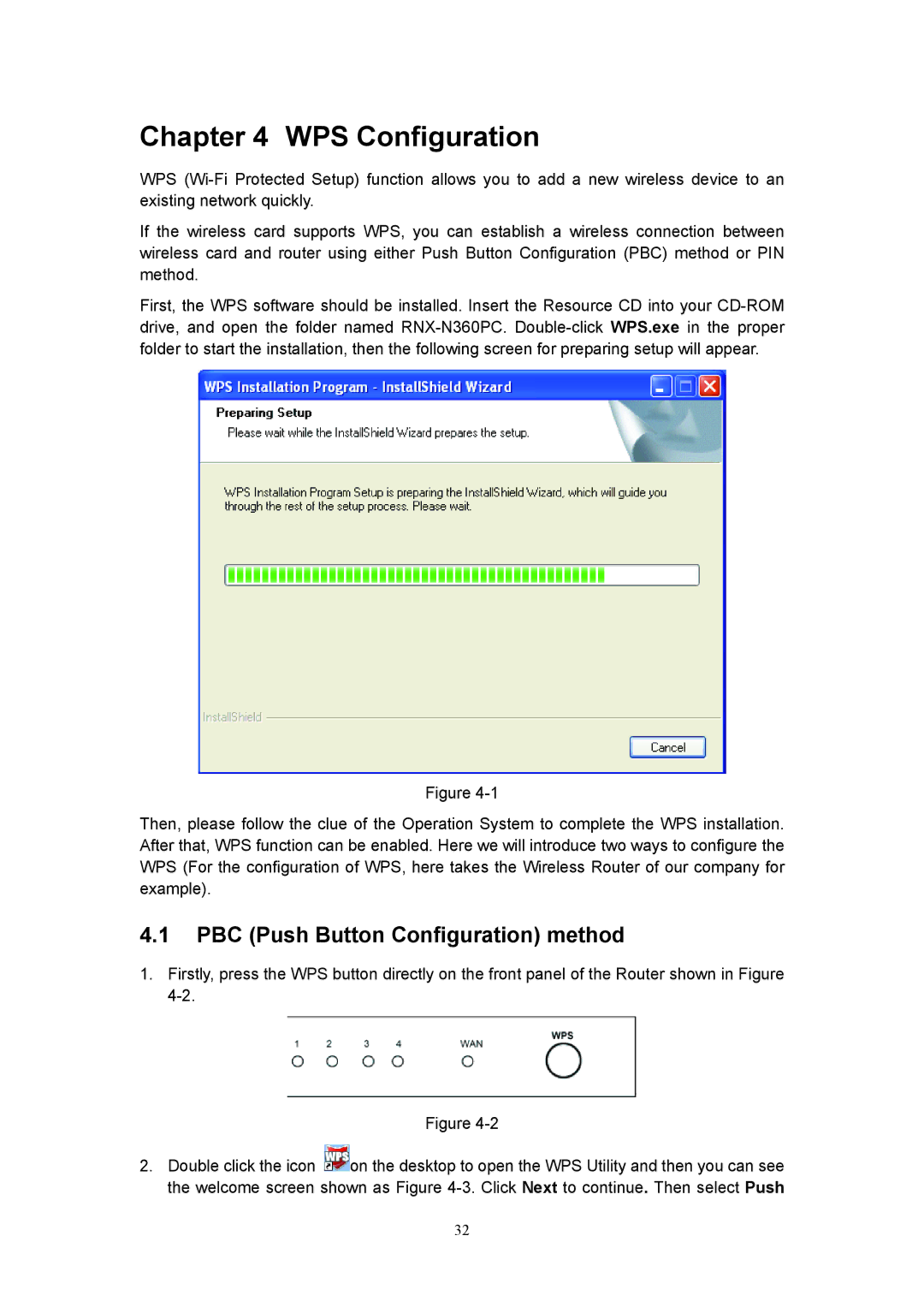 Rosewill RNX-N360PC user manual WPS Configuration, PBC Push Button Configuration method 