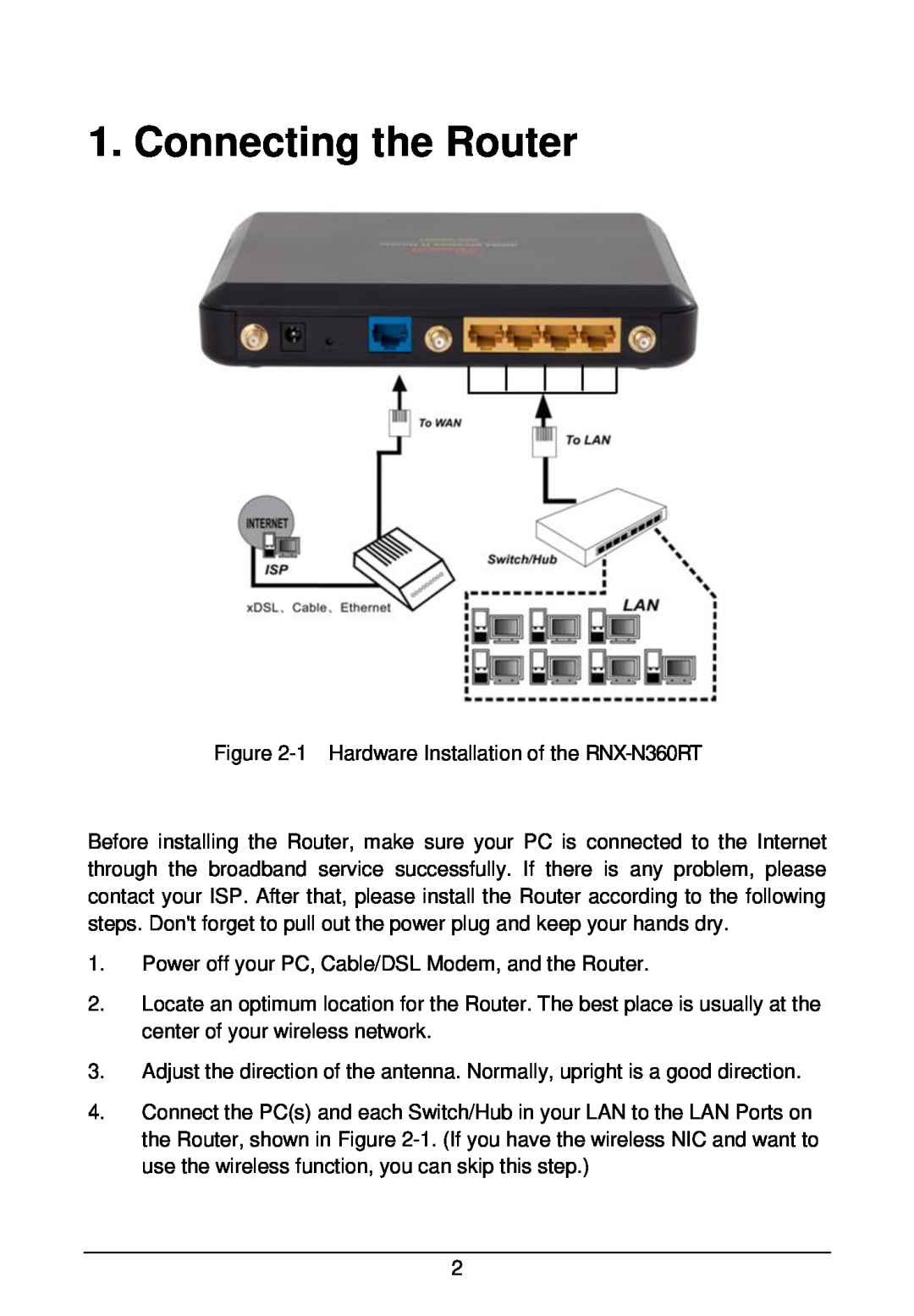 Rosewill RNX-N360RT manual Connecting the Router 