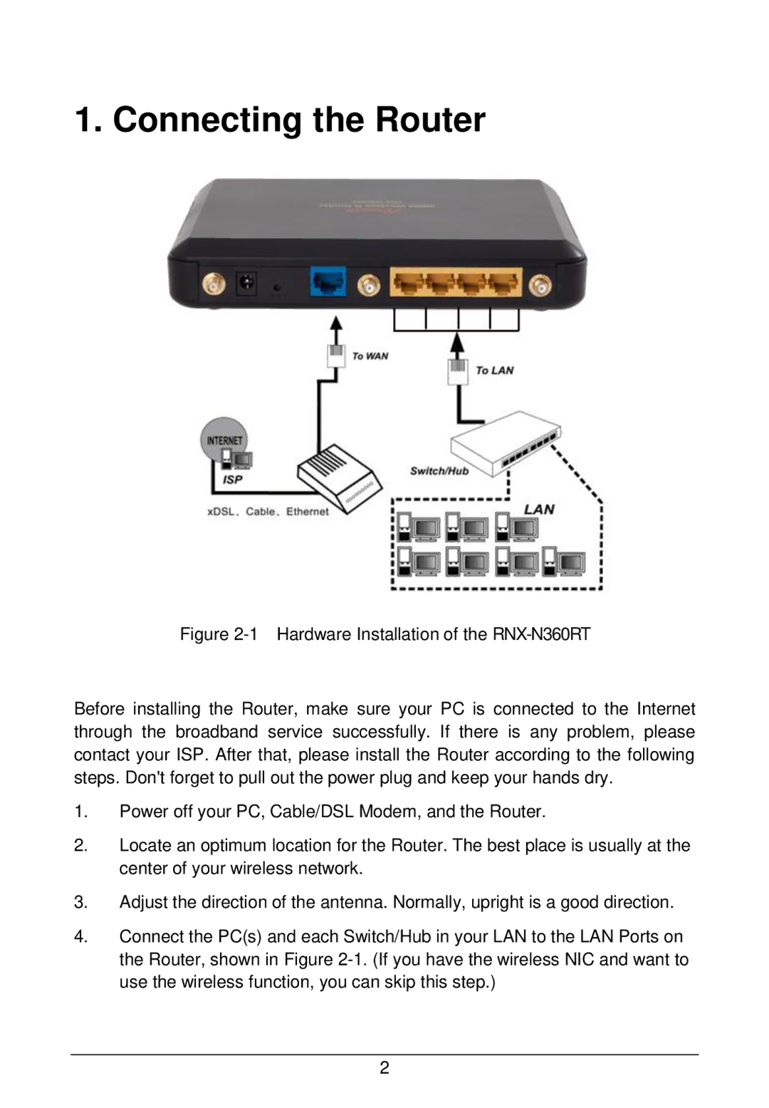 Rosewill RNX-N360RT manual Connecting the Router 