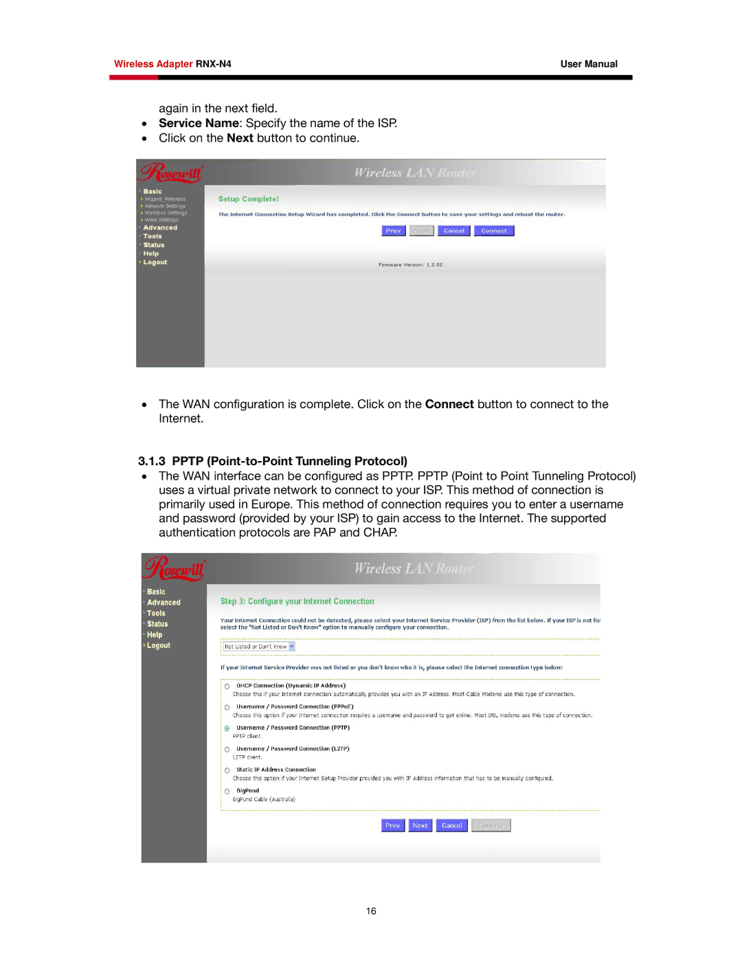 Rosewill RNX-N4 user manual Pptp Point-to-Point Tunneling Protocol 