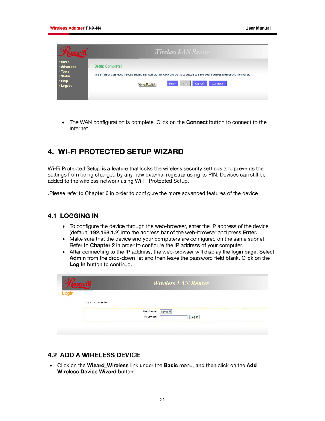 Rosewill RNX-N4 user manual WI-FI Protected Setup Wizard, ADD a Wireless Device 