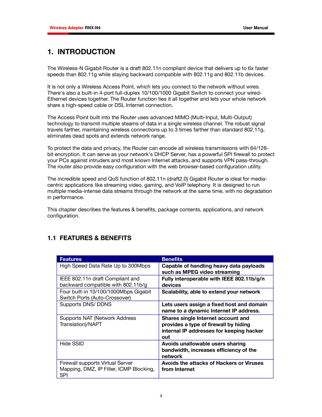 Rosewill RNX-N4 user manual Introduction, Features & Benefits, Spi 