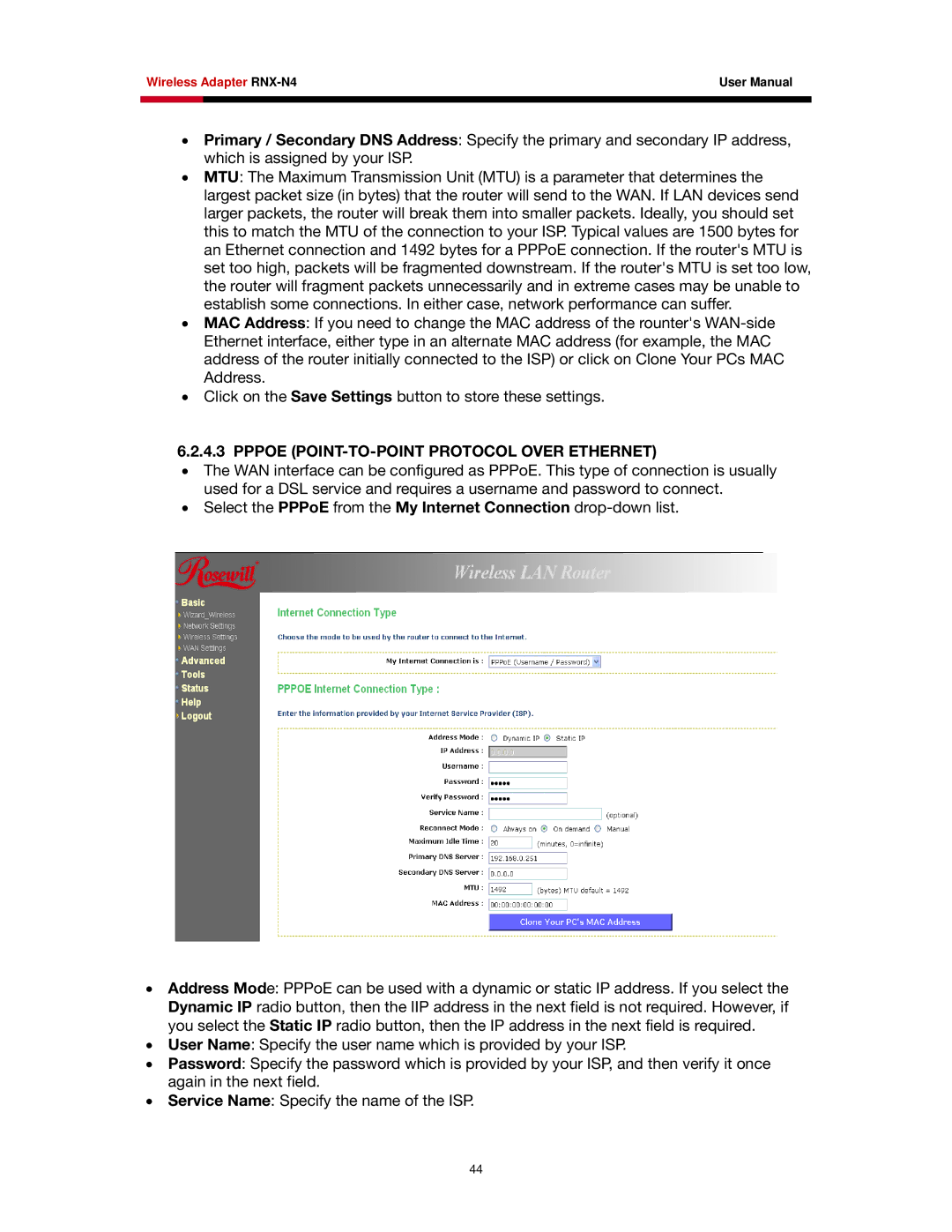 Rosewill RNX-N4 user manual Pppoe POINT-TO-POINT Protocol Over Ethernet 