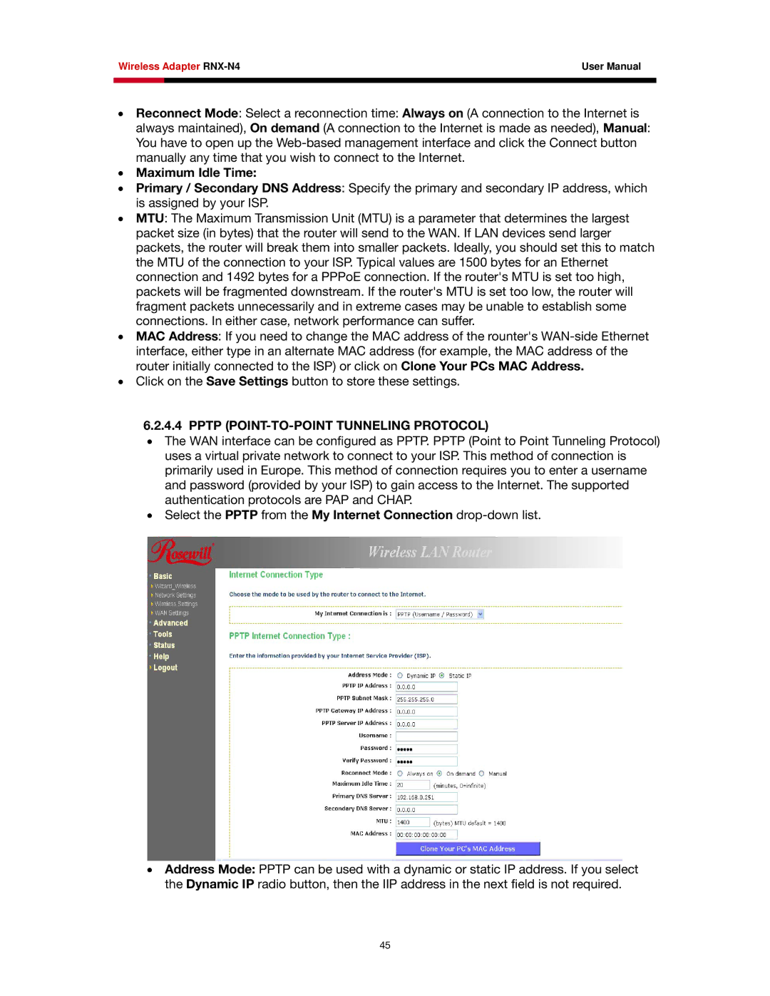 Rosewill RNX-N4 user manual Maximum Idle Time, Pptp POINT-TO-POINT Tunneling Protocol 