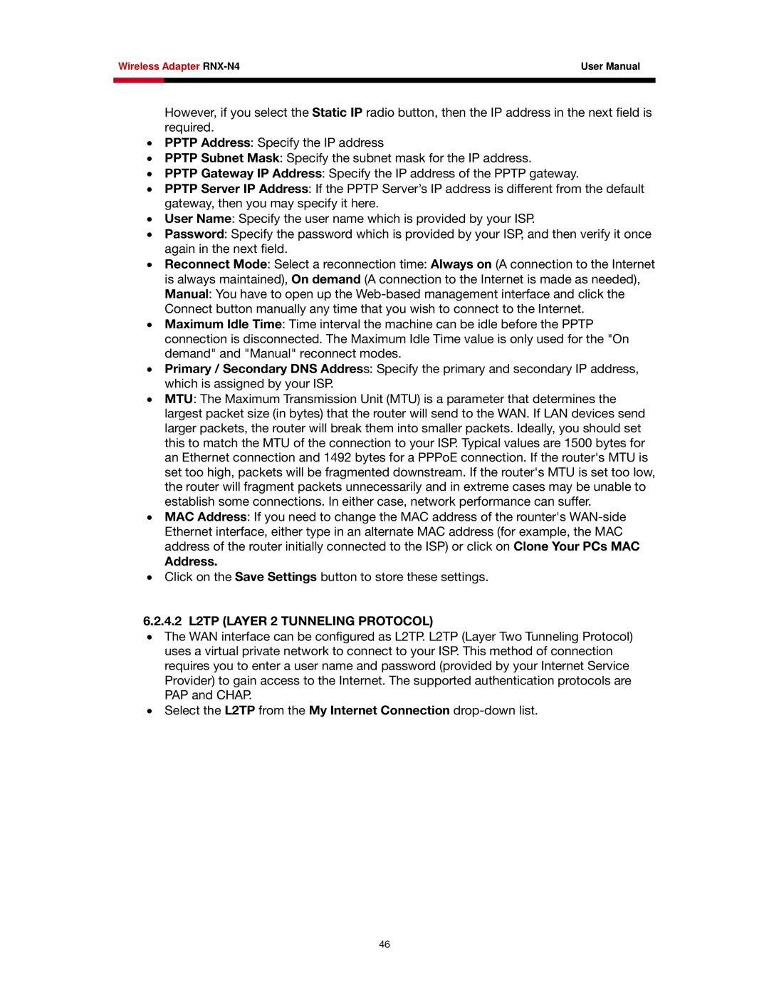 Rosewill RNX-N4 user manual Address, 4.2 L2TP Layer 2 Tunneling Protocol 