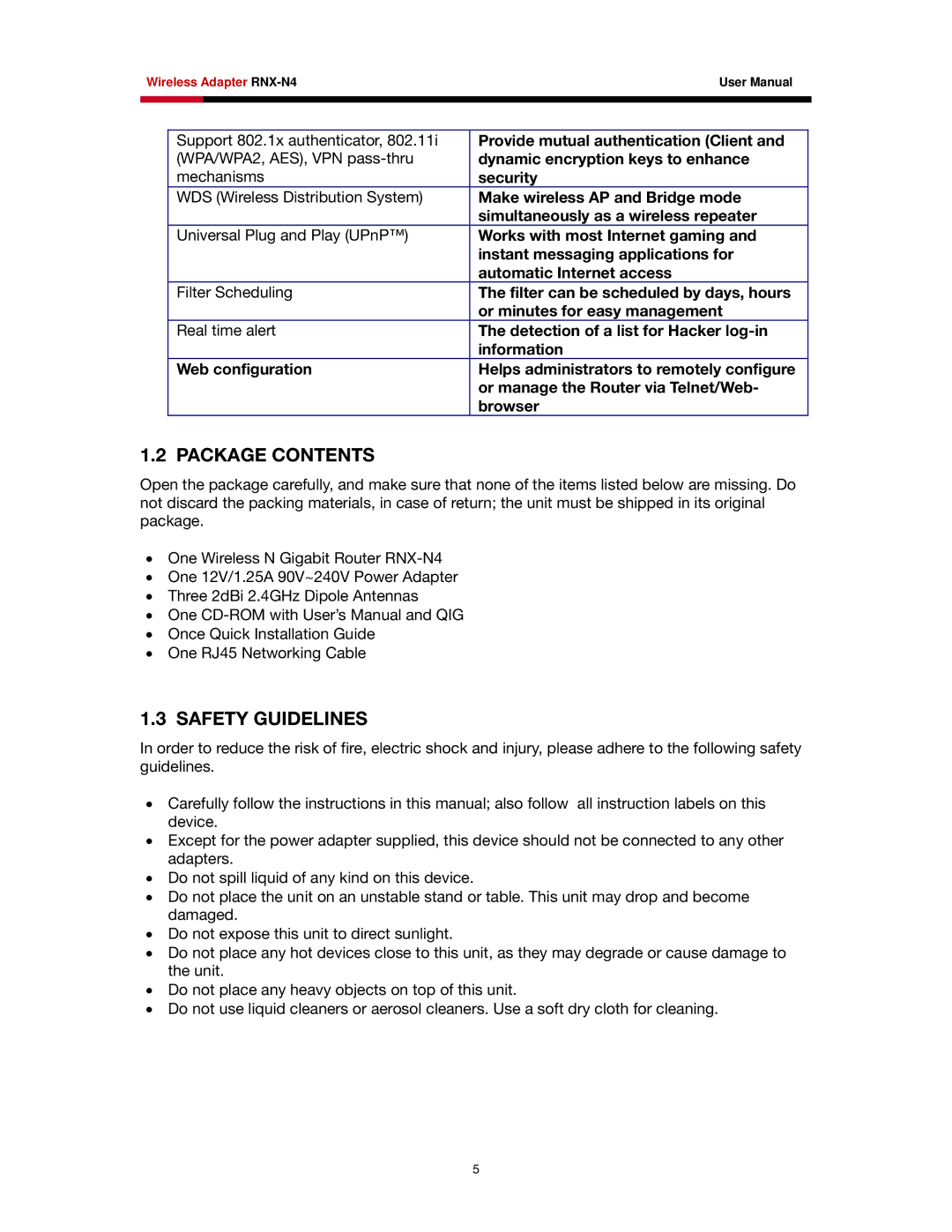 Rosewill RNX-N4 user manual Package Contents, Safety Guidelines 