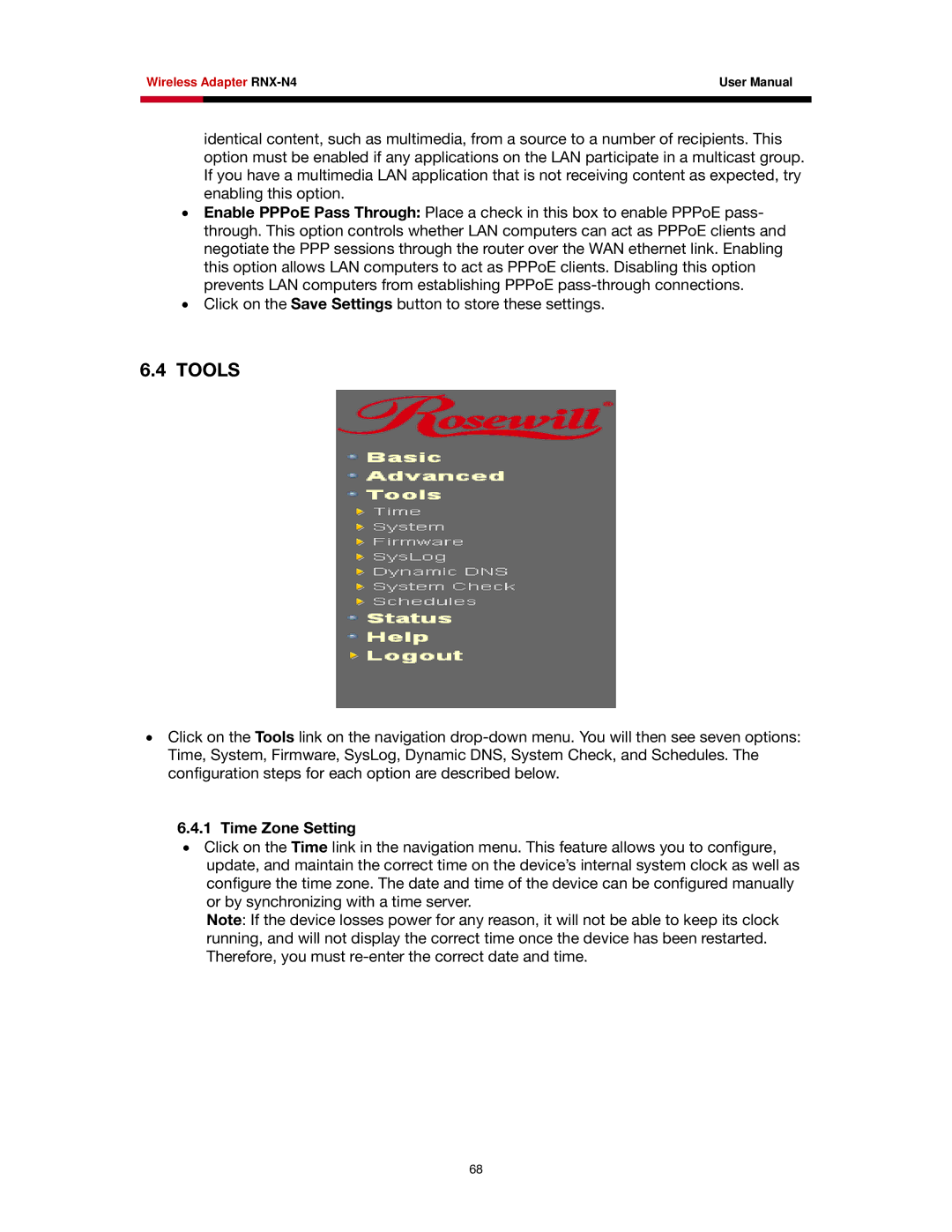 Rosewill RNX-N4 user manual Tools, Time Zone Setting 