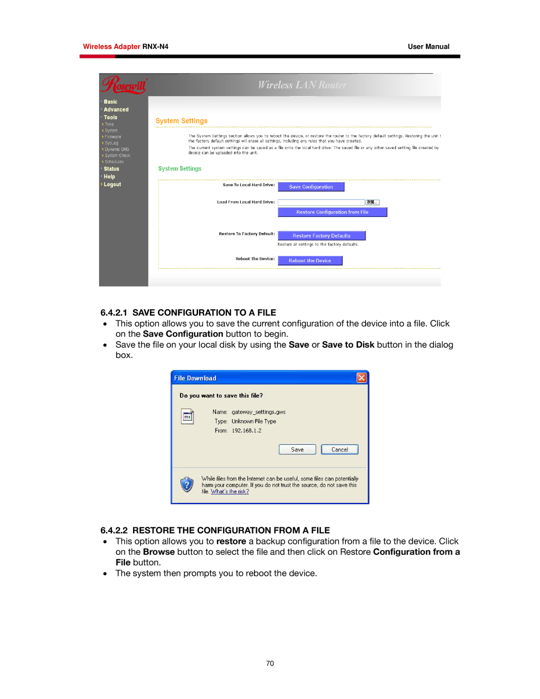 Rosewill RNX-N4 user manual Save Configuration to a File, Restore the Configuration from a File 