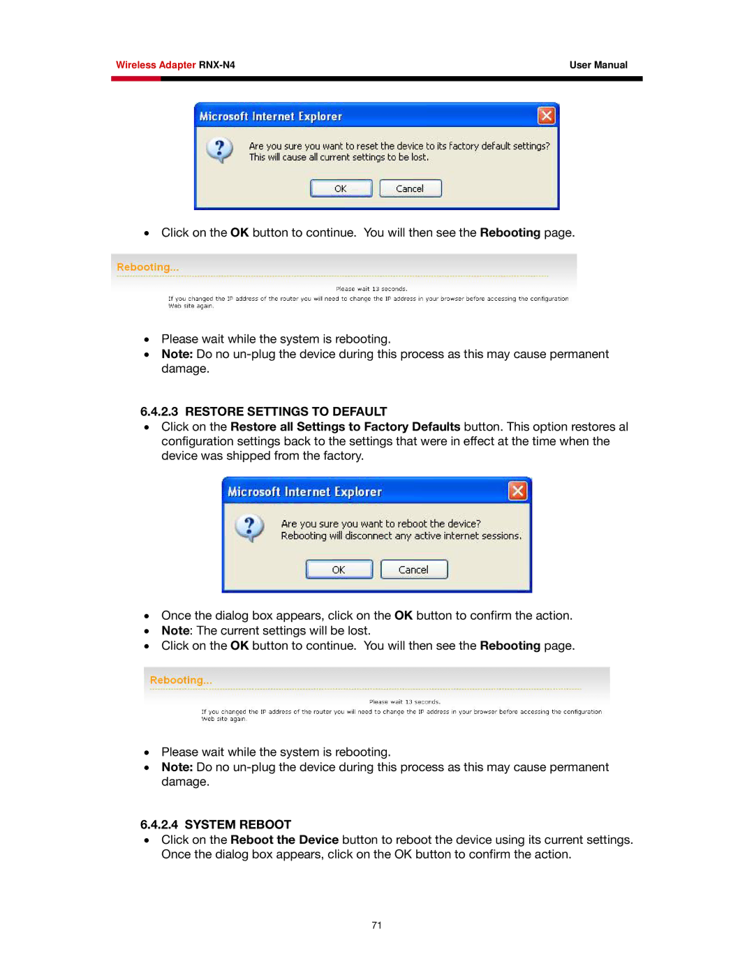 Rosewill RNX-N4 user manual Restore Settings to Default, System Reboot 