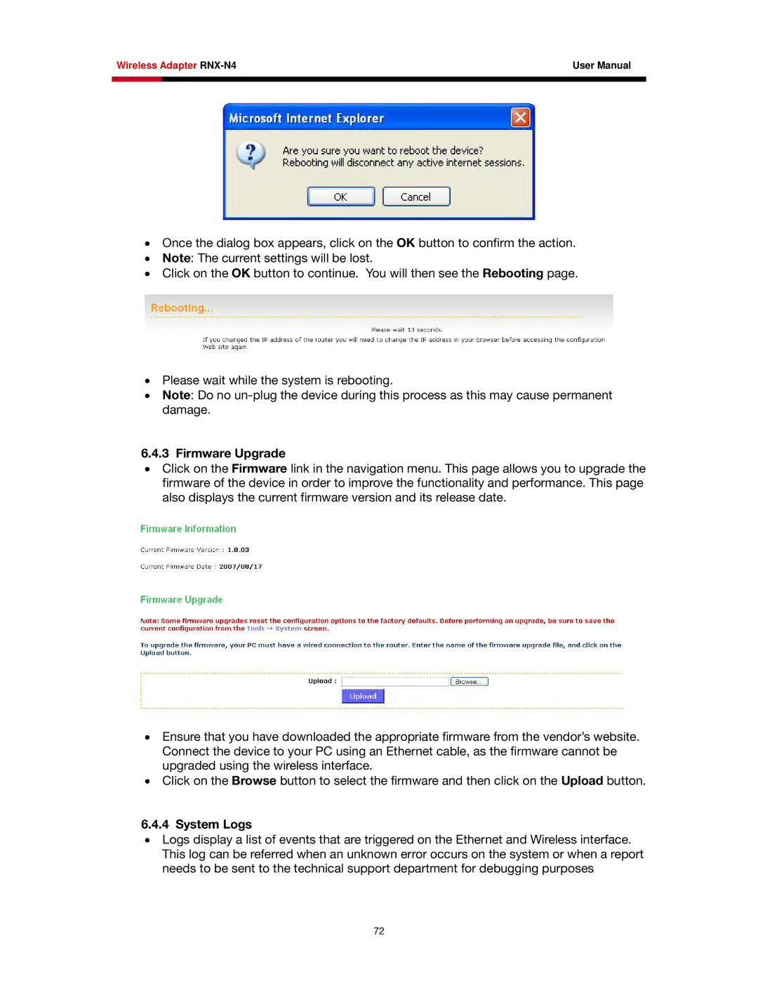 Rosewill RNX-N4 user manual Firmware Upgrade, System Logs 