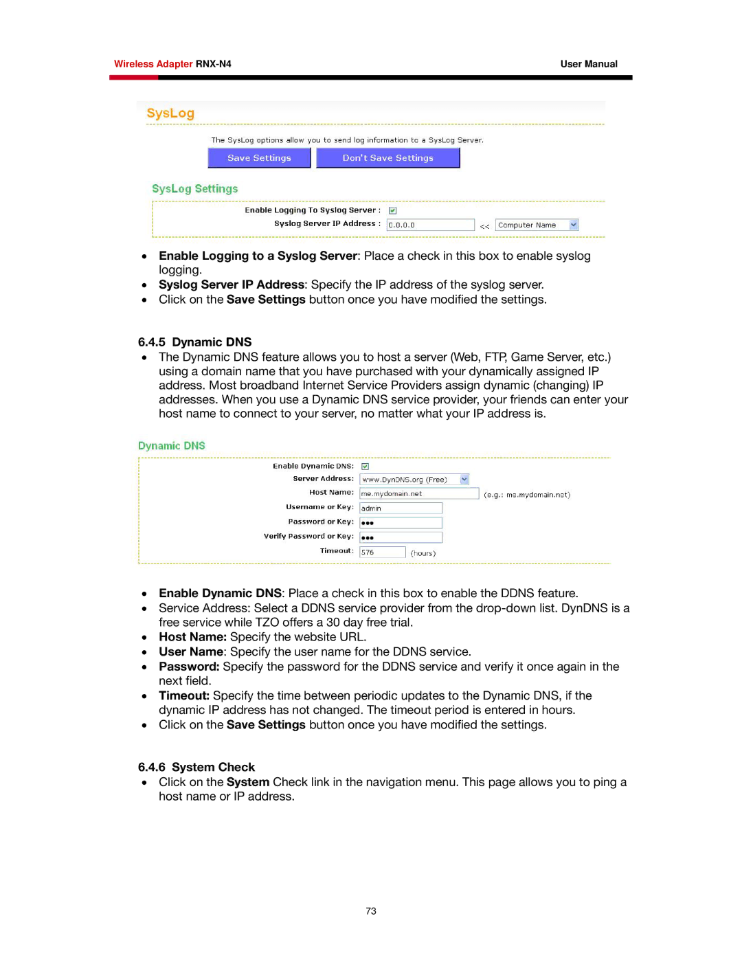 Rosewill RNX-N4 user manual Dynamic DNS, System Check 