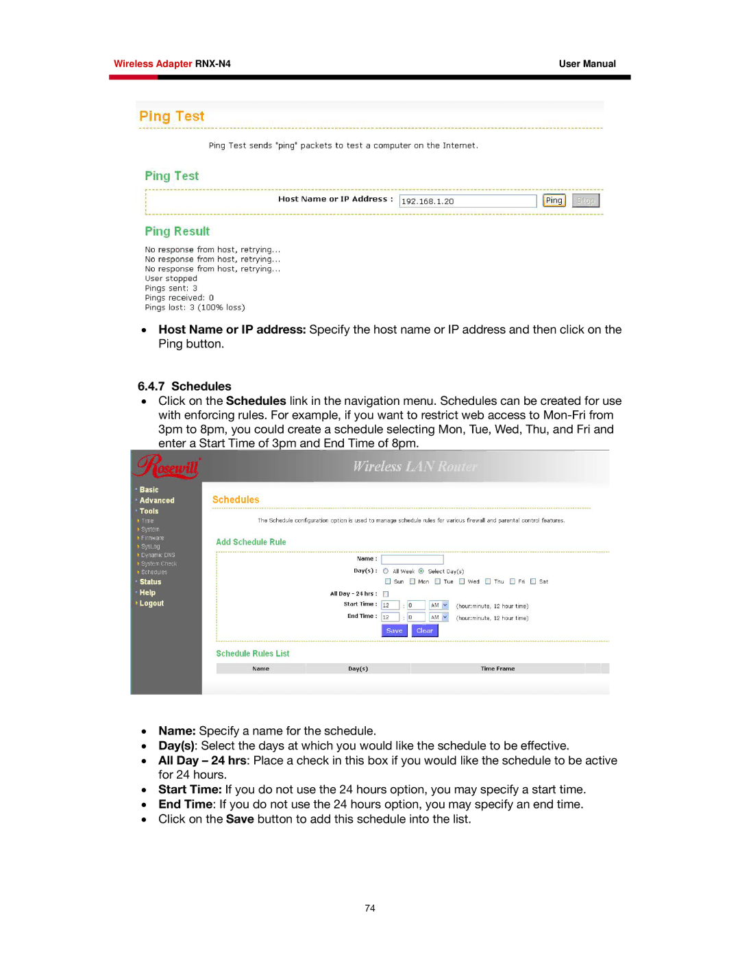 Rosewill RNX-N4 user manual Schedules 