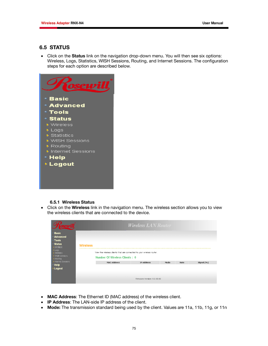 Rosewill RNX-N4 user manual Wireless Status 