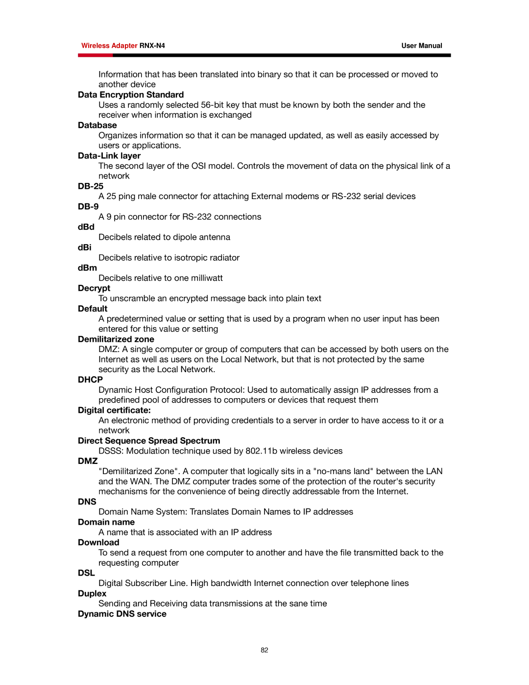 Rosewill RNX-N4 user manual Dhcp, Dmz, Dns, Dsl 