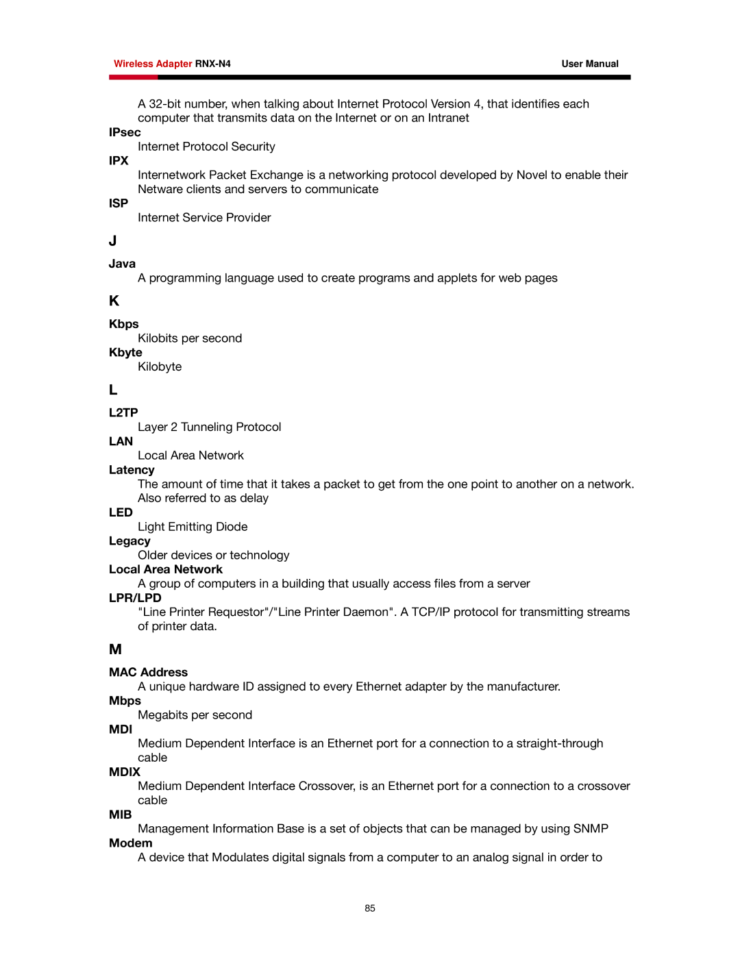 Rosewill RNX-N4 user manual Ipx, Isp, L2TP, Lan, Led, Lpr/Lpd, Mdix, Mib 