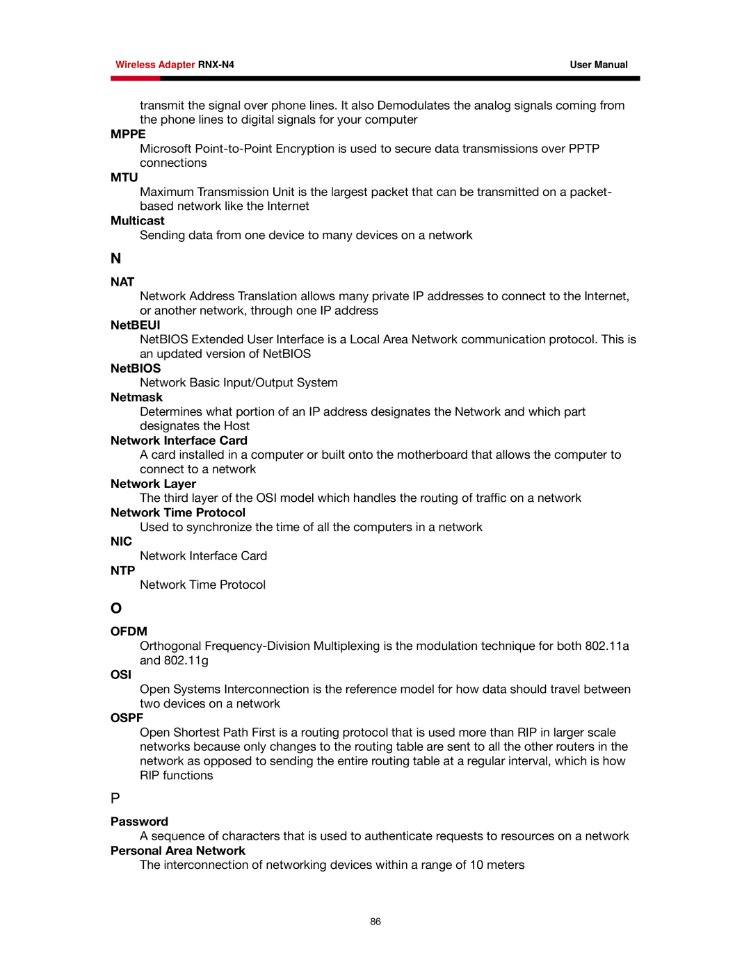 Rosewill RNX-N4 user manual Mppe, Mtu, Nat, Nic, Ntp, Ofdm, Osi, Ospf 