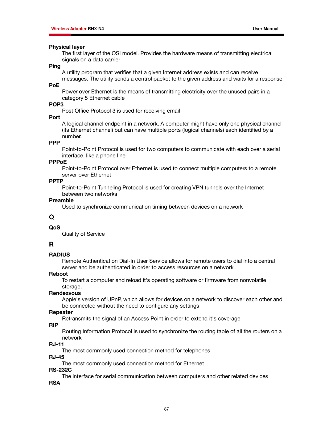 Rosewill RNX-N4 user manual POP3, Ppp, Pptp, Radius, Rip, Rsa 