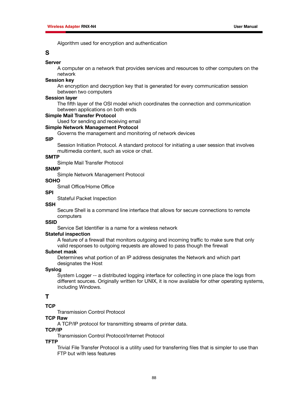 Rosewill RNX-N4 user manual Sip, Smtp, Snmp, Soho, Ssh, Ssid, Tcp/Ip, Tftp 