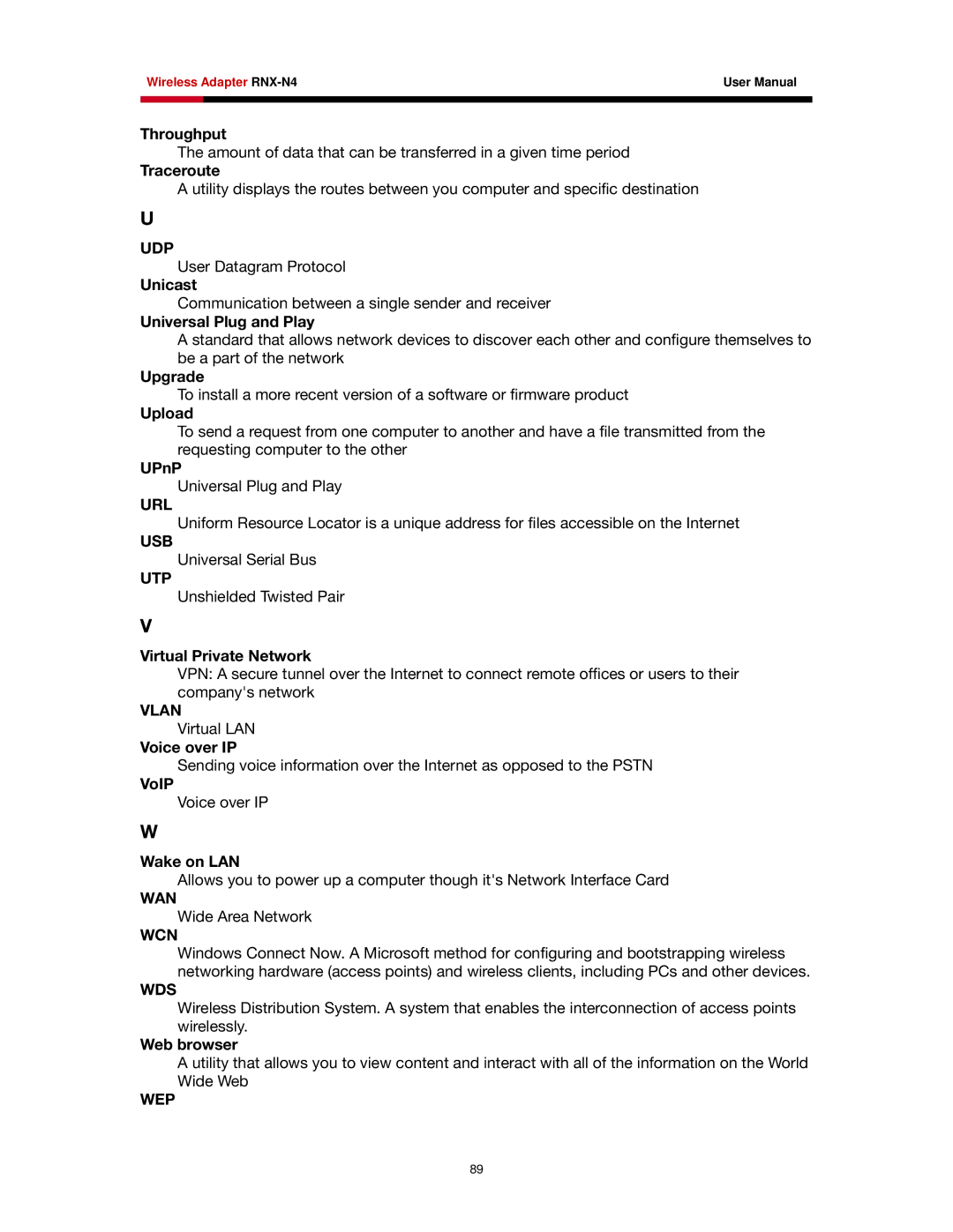 Rosewill RNX-N4 user manual Udp, Url, Usb, Utp, Vlan, Wan, Wcn, Wds, Wep 