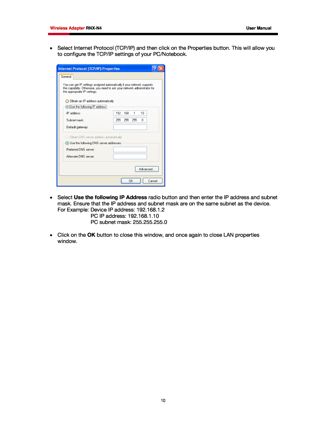Rosewill RNX-N4 user manual PC IP address PC subnet mask 