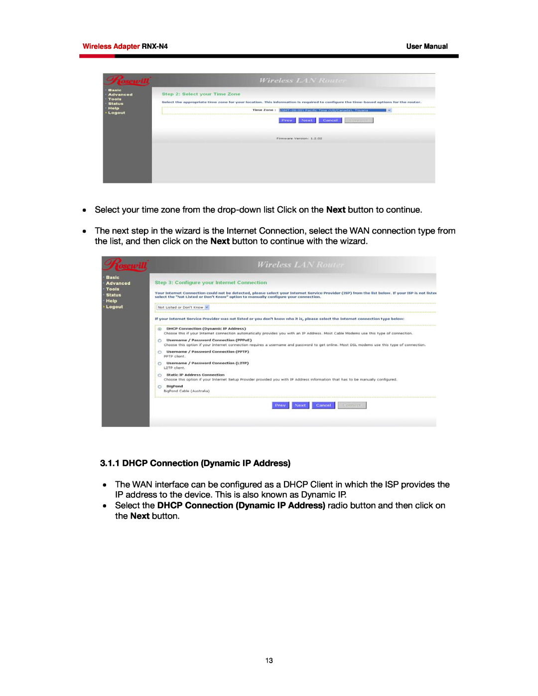 Rosewill RNX-N4 user manual DHCP Connection Dynamic IP Address 
