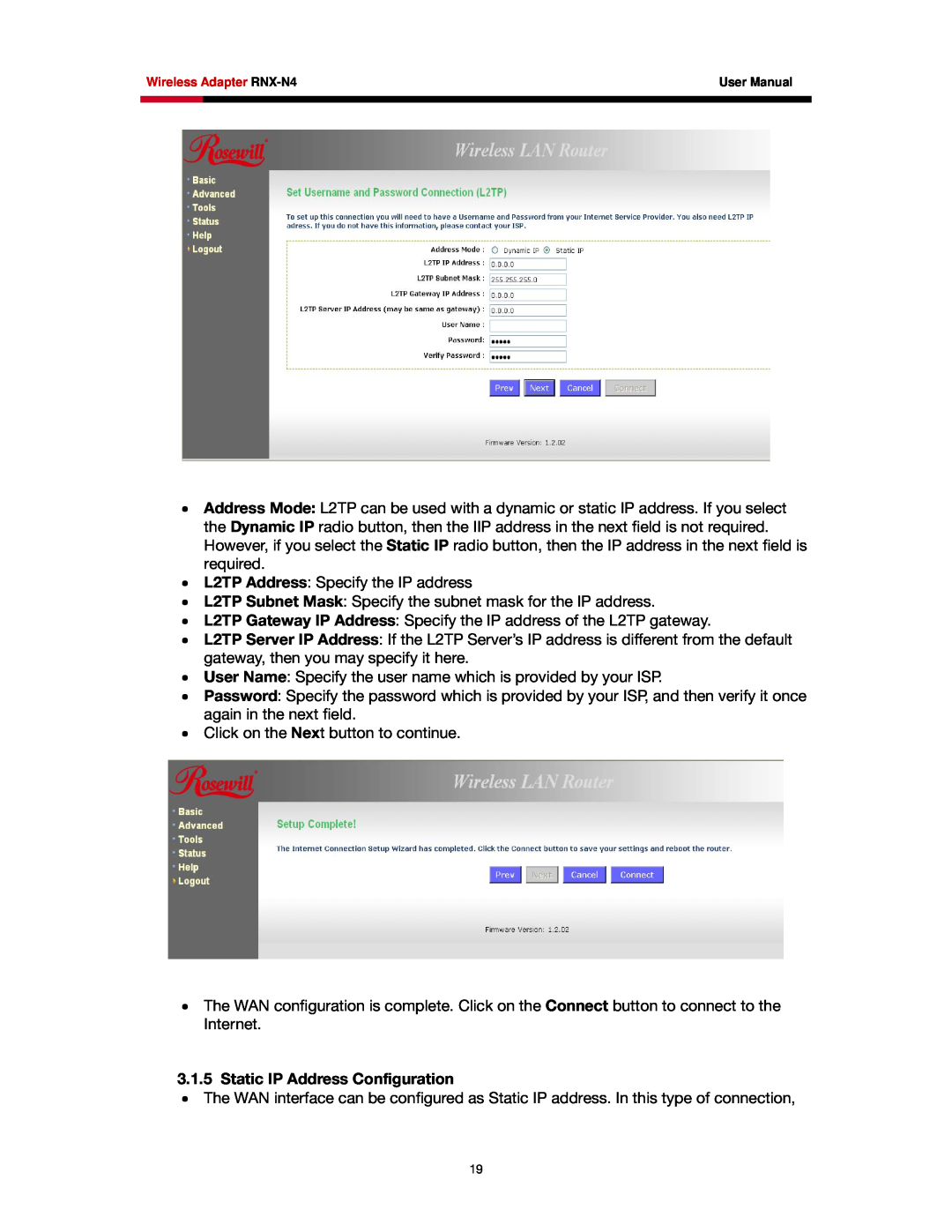 Rosewill RNX-N4 user manual Static IP Address Configuration 