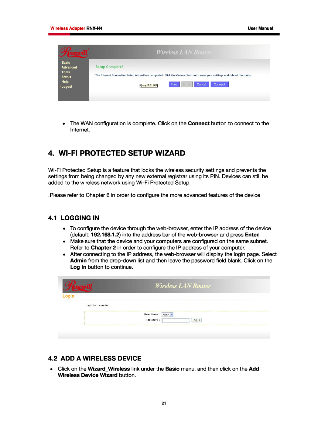 Rosewill RNX-N4 user manual Wi-Fi Protected Setup Wizard, Logging In, Add A Wireless Device 