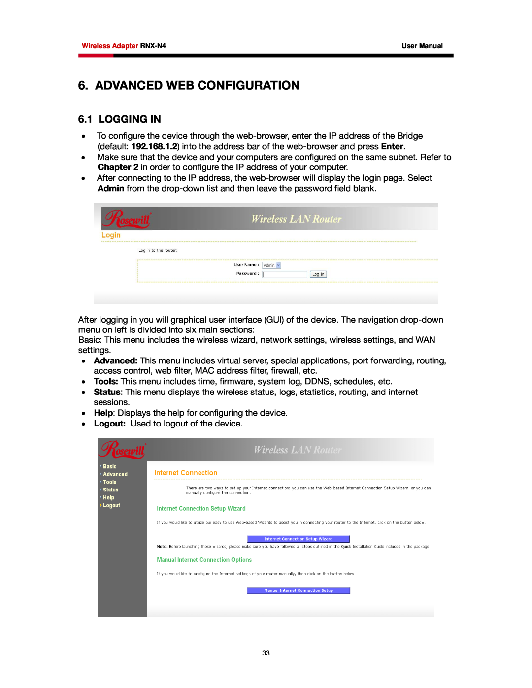 Rosewill RNX-N4 user manual Advanced Web Configuration, Logging In 