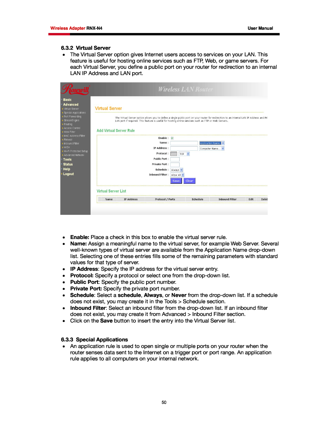 Rosewill RNX-N4 user manual Virtual Server, Special Applications 