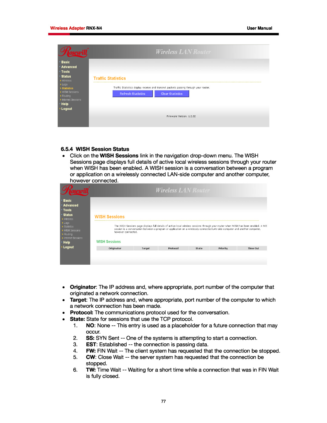 Rosewill RNX-N4 user manual WISH Session Status 