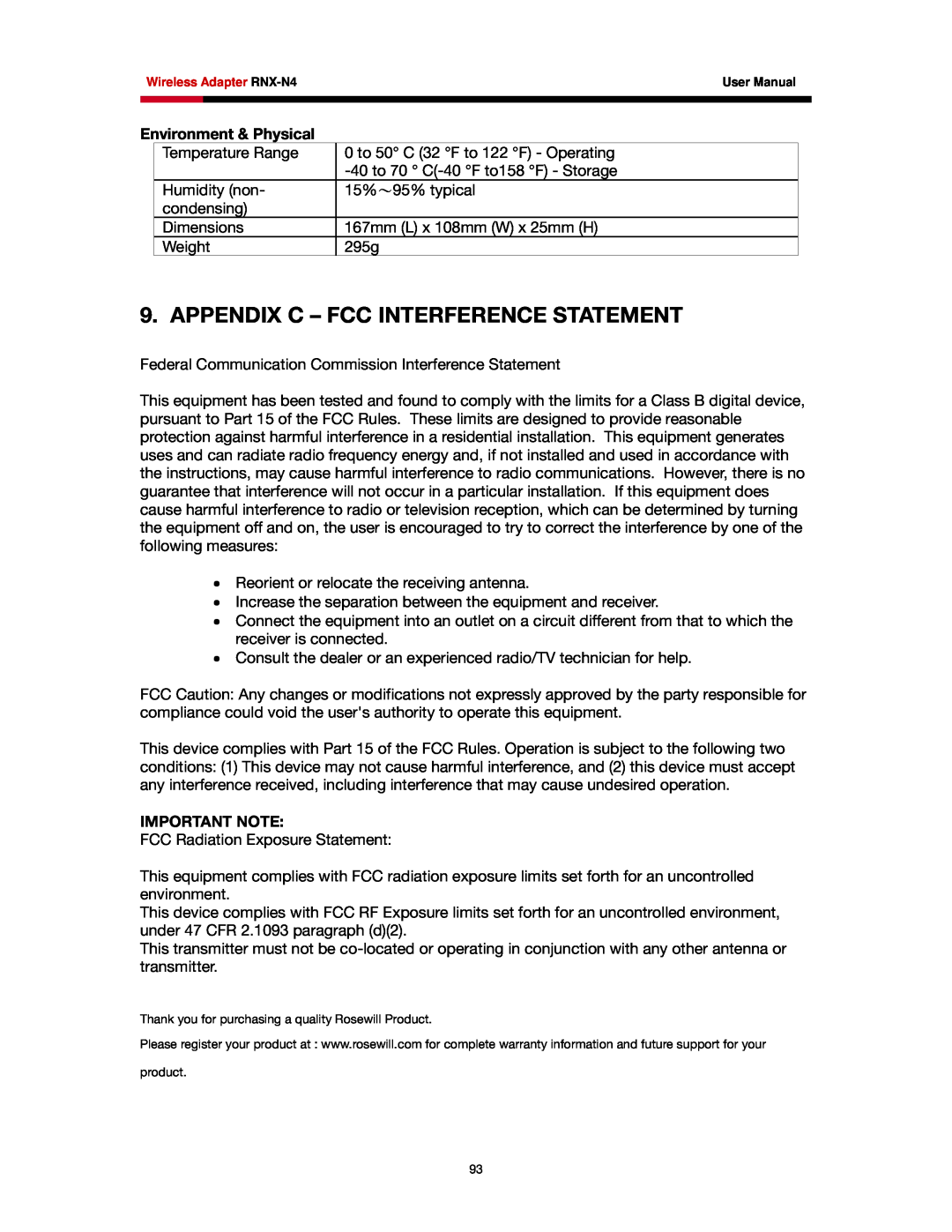 Rosewill RNX-N4 user manual Appendix C - Fcc Interference Statement, Environment & Physical, Important Note 