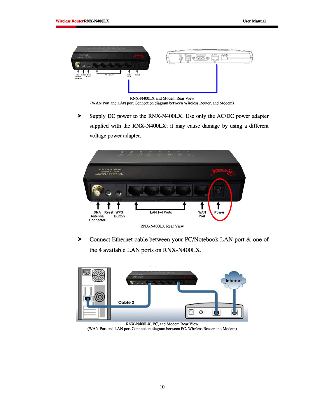 Rosewill user manual Wireless RouterRNX-N400LX, User Manual, RNX-N400LX and Modem Rear View 